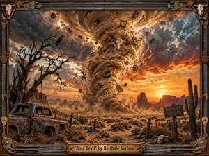 A towering dust devil tears across a desolate desert at sunset, twisting debris, instruments, skulls, and machinery into a violent spiral. Rusted vehicles, dead trees, fences, and cacti frame the scene beneath storm-dark clouds and fiery orange light. The richly textured, handcrafted style blends surrealism, Western decay, and psychedelic menace.