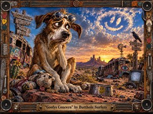 A scruffy, goggle-wearing dog sits pensively in a surreal desert junkyard surrounded by rusted vehicles, scattered debris, a worn toy, and a static-filled television. Warm sunset light contrasts with vivid blue clouds, creating uneasy nostalgia. Rich painted textures, whimsical signs, musical hardware, and a rugged handcrafted frame deepen the strange, melancholy atmosphere.