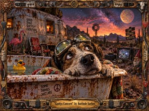 A weary goggle-wearing dog leans over a rusted bathtub in a surreal desert trailer camp beneath a glowing moon and fiery violet sky. Warm amber light, corroded metal, cacti, odd roadside objects, and playful details create a strange, anxious, darkly comic mood, framed like a handcrafted psychedelic rock relic.