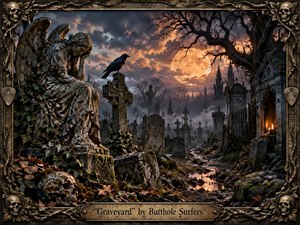 A brooding graveyard stretches beneath a fiery moon, where a weathered stone angel, black raven, leaning crosses, mossy tombs, and a candlelit mausoleum emerge through drifting fog. Warm amber light contrasts with charcoal clouds and cold stone, creating a gothic, cinematic atmosphere framed by ornate, decayed metalwork.