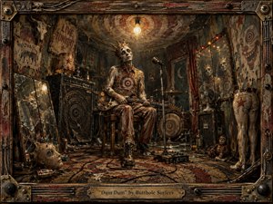 A gaunt crowned guitarist sits beneath a bare bulb in a decaying rehearsal room, surrounded by cracked mirrors, battered amplifiers, cables, mannequins, and eerie toys. Sickly yellows, bruised reds, tarnished metals, and deep shadows create hypnotic unease. Thick, distressed painterly textures and warped reflections intensify the grim carnival atmosphere.