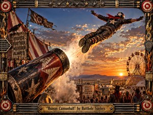 A battered carnival cannon erupts with smoke and sparks, launching a leather-clad figure across a blazing desert sunset. Rusted metal, faded stars, circus tents, ravens, and a distant Ferris wheel create a reckless, surreal atmosphere. Warm orange light contrasts with blackened steel, emphasizing danger, freedom, spectacle, and rebellious energy.