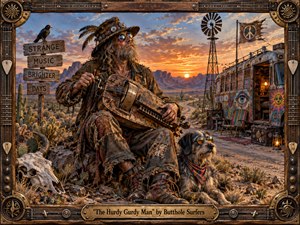 A weathered bohemian musician plays an ornate hurdy-gurdy in a surreal desert at sunset, accompanied by a shaggy dog and a vividly painted roadside bus. Warm oranges, dusty browns, and cool blue shadows create a psychedelic, nostalgic mood, while intricate textures, musical hardware, folk symbols, and the handcrafted frame enrich the cinematic composition.
