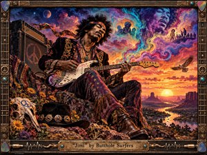 A psychedelic guitarist lounges among desert rocks at sunset, surrounded by wildflowers, vintage amplifiers, and swirling cosmic clouds filled with ghostly musical visions. Saturated purples, oranges, blues, and golds create a dreamlike counterculture mood, while dramatic warm light, intricate painterly textures, and a guitar-themed antique frame enrich the composition.
