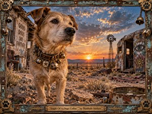 A scruffy dog wearing a weathered, bell-covered collar stands in a desolate desert settlement at sunset. Warm orange light cuts through dramatic clouds, illuminating rusted trailers, a windmill, cracked earth, and scattered debris. The handcrafted, surreal western style blends melancholy, grit, and strange tenderness within an ornate distressed metal frame.