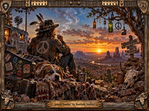A weathered traveler and shaggy dog overlook a vast desert canyon at sunset, surrounded by a battered guitar case, skull, cactus, hanging bottles, and roadside relics. Warm orange light cuts through smoky blue skies, creating a psychedelic western mood. Rich textures, worn metal framing, and handcrafted details deepen the surreal, countercultural atmosphere.