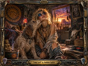 A bohemian woman in round sunglasses sits beside a shaggy dog inside a dim, cluttered desert room filled with records, incense, textiles, and vintage equipment. Warm sunset light pours through the window, contrasting with earthy shadows and psychedelic details. The richly textured, handcrafted scene feels rebellious, eccentric, intimate, and dreamlike.