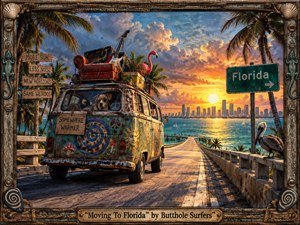 A weathered, psychedelic van packed with instruments, furniture, plants, and eccentric travel gear heads toward a glowing Florida skyline across a coastal bridge. Warm sunset oranges contrast with turquoise water and lush palms, while whimsical signs, a sunglass-wearing dog, and distressed handcrafted textures create a surreal, humorous, countercultural road-trip mood.