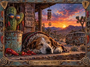 A weathered desert refuge frames a sleeping speckled dog beneath a vivid orange-purple sunset, surrounded by red peppers, cactus, wind chimes, and a rusted peace-marked van. Rough wood, chipped paint, metal hardware, and woven fabric create tactile realism, while warm light and surreal roadside details give the scene a dreamy, offbeat psychedelic mood.