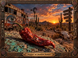 A weathered red pepper dominates a surreal desert foreground, surrounded by turquoise-streaked rock, cacti, a horned skull, and an abandoned graffiti-covered bus. Fiery sunset light warms the dusty landscape beneath dramatic blue-orange clouds. A distressed guitar-inspired frame, carved symbols, metal hardware, and brass title plate reinforce the gritty psychedelic atmosphere.