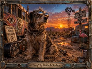 A shaggy goggle-wearing dog sits in a weathered desert encampment beside a painted bus, battered guitar case, windmill, trailer, and faded roadside objects. Fiery sunset light washes the dusty scene in orange, turquoise, rust, and blue, creating a surreal, rebellious, psychedelic rock atmosphere framed by distressed metal and musical details.