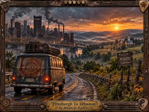 A weathered blue van travels a rain-darkened road from an industrial river city toward glowing rural hills beneath a dramatic sunset. Smokestacks, bridges, farmland, a distant church, wildflowers, and roadside signs create restless Americana. Warm amber light contrasts with stormy steel-blue shadows, framed by distressed guitar hardware and aged metal.