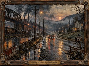 A lone car travels a rain-slicked road from smoky industrial outskirts toward a quiet hillside town at dusk. Rusted bridges, factories, utility poles, glowing windows, and a raven-topped mailbox deepen the uneasy mood. Smoky blues, rust, amber light, and textured painterly surfaces create a haunting, handcrafted sense of distance and transition.