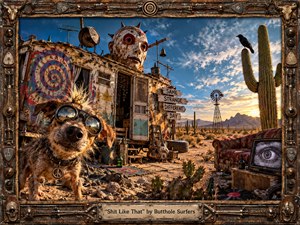 A surreal desert junkyard glows beneath a vivid blue sky, centered on a battered graffiti-covered trailer topped by a strange horned face. A goggle-wearing dog, cactus, crow, old television, guitars, couch, and scattered debris create a chaotic psychedelic mood, framed by richly weathered rusted metal and mechanical ornamentation.