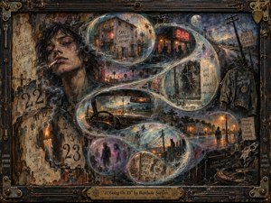 A weary young figure with a cigarette anchors a surreal twilight dreamscape, where an S-shaped stream of glowing memory bubbles reveals apartments, roads, mirrors, bars, and fading silhouettes. Bruised blues, rust, teal, and amber glow through smoky darkness. Distressed mixed-media textures, warped clocks, handwritten fragments, and a heavy industrial frame deepen the uneasy passage from youth into adulthood.