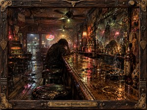A lone, weary figure slumps at a rain-soaked roadhouse bar, surrounded by cracked mirrors, liquor bottles, cigarette smoke, and neon reflections. Amber, red, and sickly green light deepen the grim, intoxicated mood. The richly textured mixed-media style emphasizes worn wood, tarnished metal, shattered glass, and handmade decay.