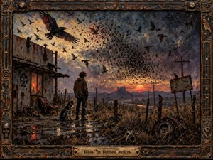 A lone figure and dog face a fiery desert sunset beneath a vast, swirling flock of black birds. Rusted fencing, a decaying roadside structure, dead grasses, and scattered debris create an eerie wasteland. Thick oil-and-encaustic textures, smoky blues, burnt oranges, and dramatic backlighting give the scene a haunting, handcrafted intensity.