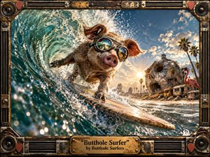 A goggle-wearing pig surfs a towering turquoise wave beside a surreal, sunlit wasteland of palms, rusted vehicles, a skull-like structure, and a flamingo. Warm sunset light contrasts with cool ocean spray, while an amplifier-inspired metal frame, weathered brass, bolts, speakers, and guitar picks create a playful, gritty psychedelic rock aesthetic.
