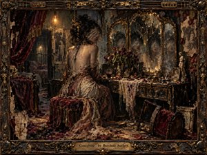 A blindfolded woman sits before a shattered vanity in a decaying, candlelit boudoir, surrounded by wilted roses, lace, scattered jewelry, and tarnished objects. Deep burgundy, dirty gold, brown, and black tones create a feverish, haunted mood. Thick painterly textures, cracked surfaces, warped reflections, and an ornate distressed frame heighten the ruined glamour.