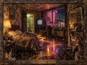 A decaying roadside motel room glows with sickly amber, violet, and neon pink light, its rain-streaked window overlooking a wet highway. A syrup-like ribbon of reflected color winds across worn floorboards toward a warped mirror and shadowy figure. Thick encaustic textures, peeling walls, static television light, and a corroded musical frame create uneasy psychedelic isolation.