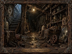 A decaying underground cellar stretches into deep shadow, cluttered with jars, rusted tools, broken furniture, wet stone, and eerie relics. A lone yellow bulb contrasts with cold blue stair light, revealing a crouched spectral figure. Rich browns, blacks, ochres, and corroded metals create a grim, handcrafted oil-and-charcoal atmosphere.