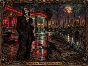 A pale, enigmatic drifter stands beside a neon roadside lounge on Houstons rain-slick industrial fringe, framed by refinery flames, distant towers, power lines, and a moonlit bayou. Crimson, teal, purple, and rust reflections heighten the humid menace, while gritty oil-and-ink textures, batlike shadows, and weathered metal framing create psychedelic Southern Gothic unease.