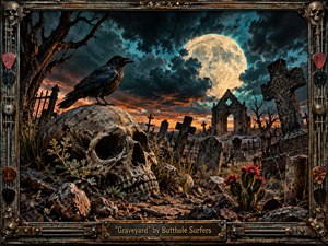 A raven perches atop a weathered skull in a desolate graveyard beneath a huge glowing moon and turbulent teal-orange clouds. Crooked crosses, ruined stone arches, twisted trees, cacti, and rusted debris create a sinister psychedelic mood. Dramatic cinematic lighting, gritty textures, and an ornate distressed metal frame complete the handcrafted rock-art aesthetic.