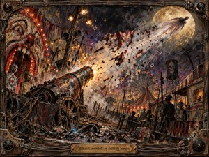 A rusted carnival cannon erupts across a ruined midway, hurling a blurred figure toward a huge moon while sparks, smoke, and torn banners slash diagonally through the night. Grim clowns, mannequins, and a glowing ferris wheel deepen the eerie mood. The mixed-media painting uses muddy earth tones, blood reds, and ember light within an ornate distressed frame.