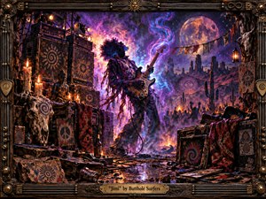 A spectral guitarist commands a psychedelic desert shrine beneath a glowing moon, surrounded by weathered amplifiers, candles, skulls, cables, and patterned fabrics. Violet, magenta, cyan, and ember-orange light swirl through smoky night air, while ornate brass-and-wood framing, distressed textures, and painterly mixed-media details create a haunted, ecstatic rock ritual.
