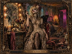 A decadent, ghostly woman presides over a crumbling retro dressing room filled with cracked mirrors, wilted flowers, smoke, animals, scattered records, and worn velvet. Tarnished amber, magenta, teal, and soot-black tones glow under bulbs and neon. Thick, distressed painterly textures and an ornate brass-and-wood frame heighten the surreal punk atmosphere.