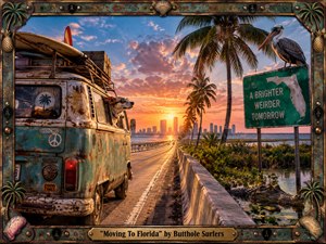 A battered teal van rolls along a sunlit Florida causeway toward a glowing coastal skyline, framed by palms, wetlands, a pelican, and a lurking alligator. Warm orange sunset light contrasts with turquoise rust and tropical greens. The richly textured, surreal photographic style blends roadside nostalgia, absurd humor, decay, and restless optimism.