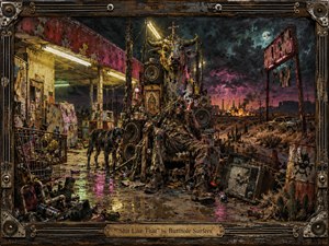 A ragged figure lounges amid a roadside junk shrine beneath a horned effigy, broken speakers, carts, bottles, and battered electronics. Sickly fluorescent yellow, magenta, teal, and rust tones glow against a stormy desert night. Thick distressed paint, scratched surfaces, neon reflections, and industrial debris create a grim, hallucinatory punk atmosphere.