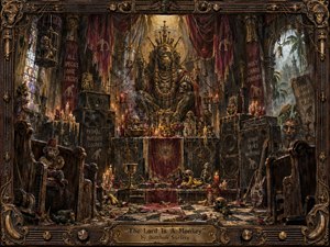 A crowned simian idol presides over a decaying chapel altar filled with candles, skulls, speakers, instruments, and strange devotional relics. Sickly gold light cuts through smoky shadows, illuminating bruised purples, tarnished bronze, soot black, and crimson. Distressed wood, wax, metal, and painted textures create a grotesque, psychedelic, ritualistic atmosphere.