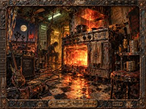 A scorched industrial kitchen glows around a blazing vintage oven, merging with a moonlit desert roadside beyond. A hunched figure, battered guitar, neon signs, cables, and warped metal deepen the uneasy mood. Fiery oranges, sickly greens, and black shadows illuminate thick encaustic textures, rust, grime, and a distressed mechanical frame.