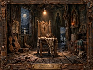 A haunted wooden chapel surrounds a rough altar chair beneath a glowing bare bulb, framed by moonlit swamp windows and decaying planks. Warm amber light cuts through deep browns, muted teal, and smoky gray. Carved wood, aged metal, torn fabric, a broken guitar, shrine, skull, and ghostly shadow create a handcrafted folk-gothic atmosphere.