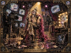 A decaying glam-rock TV star lounges beneath a harsh spotlight in a ruined broadcast studio, surrounded by flickering CRT screens, tangled cables, shattered equipment, and eerie onlookers. Toxic magentas, tarnished golds, static blues, and deep shadows create a seductive, sinister mood, rendered in richly textured mixed-media painting with theatrical grime and analog distortion.
