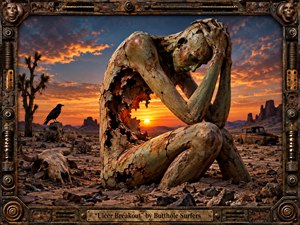 A corroded, hollow figure crouches in anguish within a barren desert, its fractured body framing a blazing sunset. Rusted metal textures, a black raven, bleached skull, dead trees, distant mesas, and an abandoned vehicle create a grim post-apocalyptic mood. Fiery orange light contrasts with deep blue shadows inside an industrial steampunk frame.