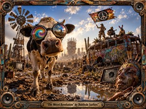 A goggle-wearing cow dominates a surreal desert junkyard where rusted machinery, broken televisions, towering sculptures, and a graffiti-covered bus surround eccentric musicians. Warm golden sunlight contrasts with blue sky and psychedelic reflections, creating a rebellious, absurd mood. Intricate steampunk framing, weathered textures, vivid colors, and cinematic realism heighten the strange revolutionary atmosphere.