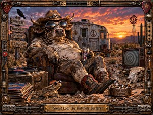 A surreal desert tableau centers on a hulking, sunglasses-wearing creature slouched in a battered armchair beside a rusted trailer. Fiery sunset light washes the scene in orange, bronze, and dusty brown. Records, skulls, signs, a hypnotic television, cactus, and guitar-hardware framing create a grimy, psychedelic, darkly comic atmosphere.