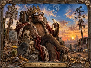 A crowned monkey lounges on a throne of battered speakers and scrap in a surreal desert wasteland, gripping a banana beneath a blazing sunset. Rusted instruments, skulls, cacti, a ruined bus, and distant city skyline enrich the scene. Rich browns, golds, reds, and blues create a satirical, psychedelic rock-poster mood.