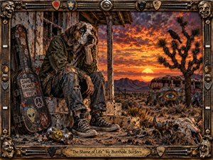 A weary dog-headed drifter slumps on a crumbling desert porch at sunset, surrounded by a battered guitar case, rusted bus, raven, skull, and debris. Fiery orange skies contrast with dusty browns and corroded metal, creating a bleak, surreal mood. Highly detailed digital painting textures emphasize decay, isolation, dark humor, and psychedelic unease.
