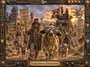 A surreal desert procession advances beneath a glowing sunset, led by a goggle-wearing cow, eccentric wanderers, and a speaker-covered art vehicle. Warm golds, dusty browns, and psychedelic accents create a rebellious, playful mood. Intricate metal framing, musical hardware, handmade signs, and weathered textures give the scene a richly crafted, post-apocalyptic folk-art character.