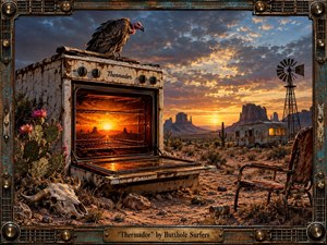 A rusted oven glows impossibly in a vast desert at sunset, crowned by a watchful vulture and surrounded by cactus, a horned skull, weathered chair, trailer, and windmill. Fiery orange light contrasts with stormy blue clouds, creating a surreal, ominous Americana scene framed in distressed industrial metal.