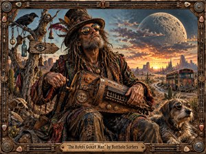 A weathered musician cranks an ornate hurdy-gurdy in a surreal desert wasteland beneath an enormous moon and fiery sunset. Warm amber, rust, and crimson contrast with cool blue shadows, while a goggled dog, crow, twisted tree, distant ruins, and peace-marked bus deepen the strange, psychedelic, handcrafted steampunk atmosphere.