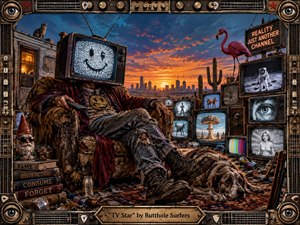 A weary television-headed figure slumps in a decaying armchair amid a surreal desert wasteland crowded with flickering vintage screens. Fiery sunset oranges contrast with deep blues, dusty browns, and neon accents. Gritty digital realism, distressed textures, scattered debris, watchful eyes, and an elaborate amplifier-inspired frame create a darkly comic, hallucinatory mood.