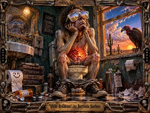 A gaunt, exhausted figure sits in a decaying bathroom, his abdomen glowing with fiery pain as desert light pours through an open window beside a looming vulture. Rust, peeling paint, scattered pills, torn paper, and grimy fixtures create a grotesque, darkly comic atmosphere, framed by distressed industrial metalwork and punk-inspired detail.