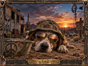 A weary goggle-wearing dog rests in a surreal desert wasteland at sunset, surrounded by a rusted bus, abandoned car, windmill, cacti, and weathered signs. Warm orange light contrasts with stormy blue clouds, creating a melancholy, psychedelic mood. Distressed metal framing, gritty textures, and eccentric details give the scene handcrafted, post-apocalyptic character.