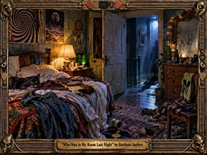 A cluttered, surreal bedroom glows with warm lamplight against cold blue moonlight spilling through an open doorway. A black cat guards a rumpled bed beside an electric guitar, while psychedelic posters, scattered clothes, records, glowing lamps, and a shadowy hall create a tense, hallucinatory, handcrafted rock-and-roll atmosphere.