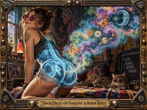 A playful psychedelic rock scene shows a kneeling woman with a glowing blue X-ray effect revealing her skeleton, surrounded by swirling cosmic vapor, butterflies, planets, flowers, and peace symbols. Warm window light contrasts with electric blues and purples, while guitars, records, a lava lamp, and a sunglass-wearing cat complete the surreal handcrafted composition.