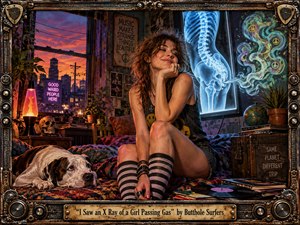 A young woman lounges in a cluttered bohemian room beside a resting dog, framed by glowing city light, vinyl records, plants, skulls, and vintage decor. A luminous blue X-ray and swirling psychedelic vapor add surreal tension. Warm orange and cool neon tones, cinematic lighting, and ornate grunge framing create a playful, strange, handcrafted rock-art atmosphere.